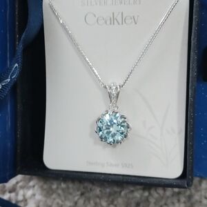 CEAKLEV S925 Sterling Silver 6 Carat Light Blue CZ Pendant Necklace